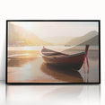 Large abstract wall art featuring a rowboat in muted blue and gray tones, framed acrylic, ideal for modern living room decor.