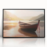 Large abstract wall art featuring a rowboat in muted blue and gray tones, framed acrylic, ideal for modern living room decor.