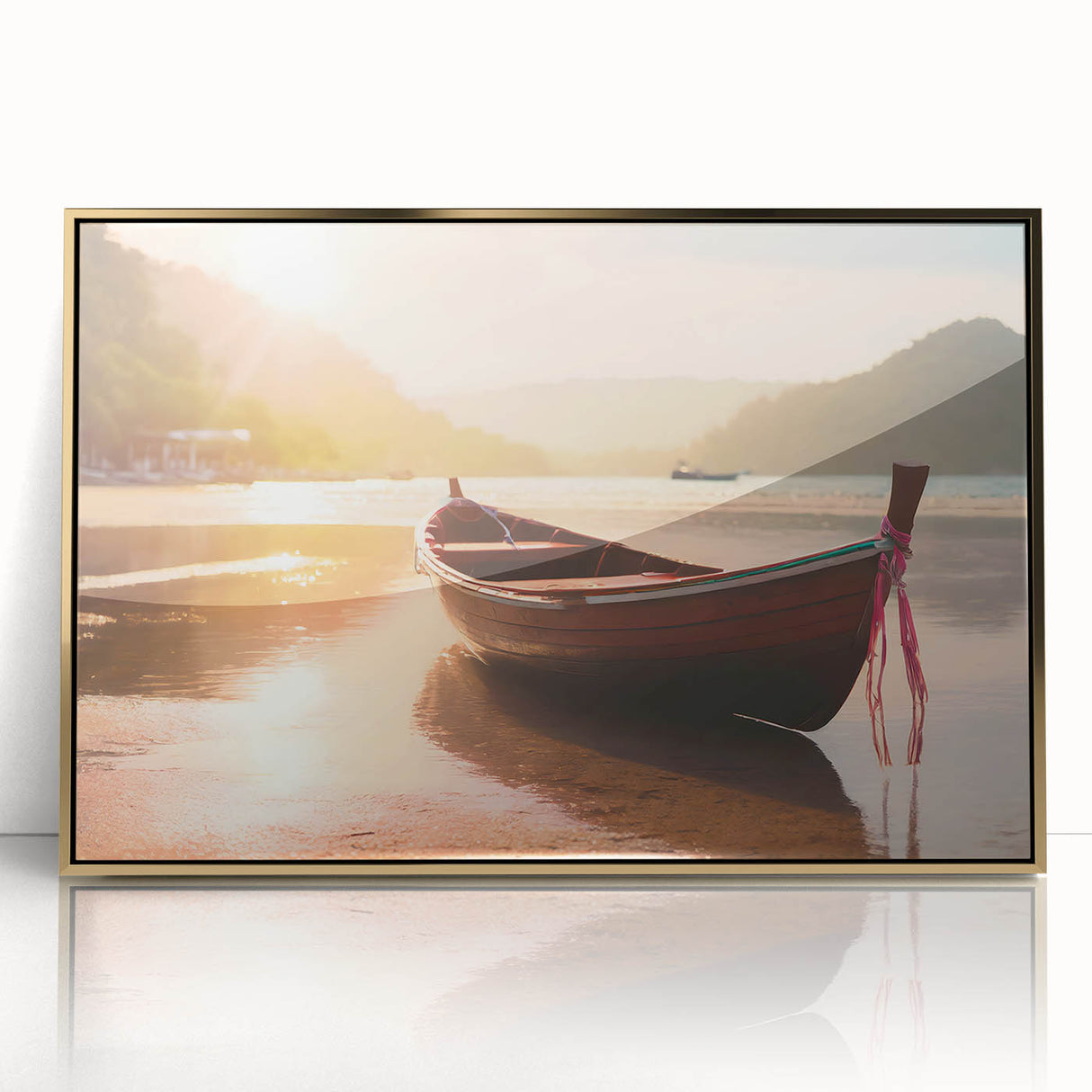 Mid-century modernist art of a rowboat in muted earth tones, acrylic print in a gold frame, suitable for nursery wall decor.