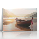 Framed acrylic print of a mid-century modernist rowboat, using soft blue and white tones, suitable for nursery wall art.