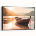 Black and white framed canvas featuring a vintage rowboat on a calm lake, ideal for bedroom wall decor.