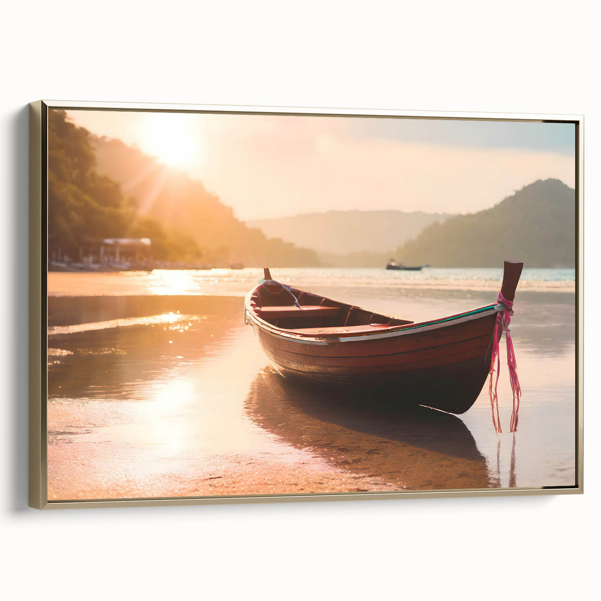 Vintage poster art of a colorful landscape with a black rowboat, printed on framed canvas, ideal for living room decor.