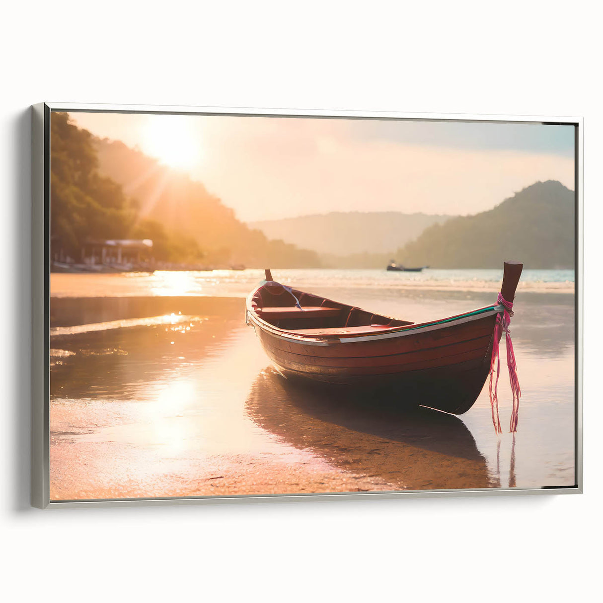 Vintage poster art of a rowboat on a lake, in muted black and colorful hues, framed canvas, suitable for living room decor.