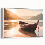 Framed canvas featuring a vintage-style landscape with a black rowboat, ideal for bedroom wall art.