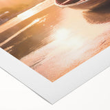 Art deco poster of a rowboat on calm waters, rendered in soft blue and gray tones on rolled canvas.