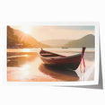 Rolled print of a rowboat on calm waters in soft blue and white hues, suitable for art wall dining room.