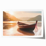 Rolled print of a rowboat on calm waters in soft blue and white hues, suitable for art wall dining room.
