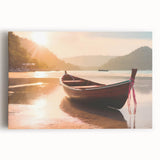 Black and white photo of a rowboat on water, printed on large stretched canvas, ideal for kitchen wall art.