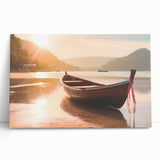 Black and white photo of a rowboat on water, printed on large stretched canvas.