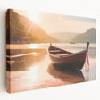 Side view of a rowboat on a stretched canvas with muted blue and gray tones, suitable for kitchen wall art.