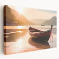 Side view of a rowboat on a stretched canvas with muted blue and gray tones, suitable for kitchen wall art.