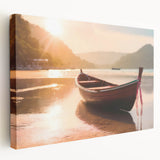 Side view of a rowboat on a stretched canvas with muted blue and gray tones, suitable for kitchen wall art.