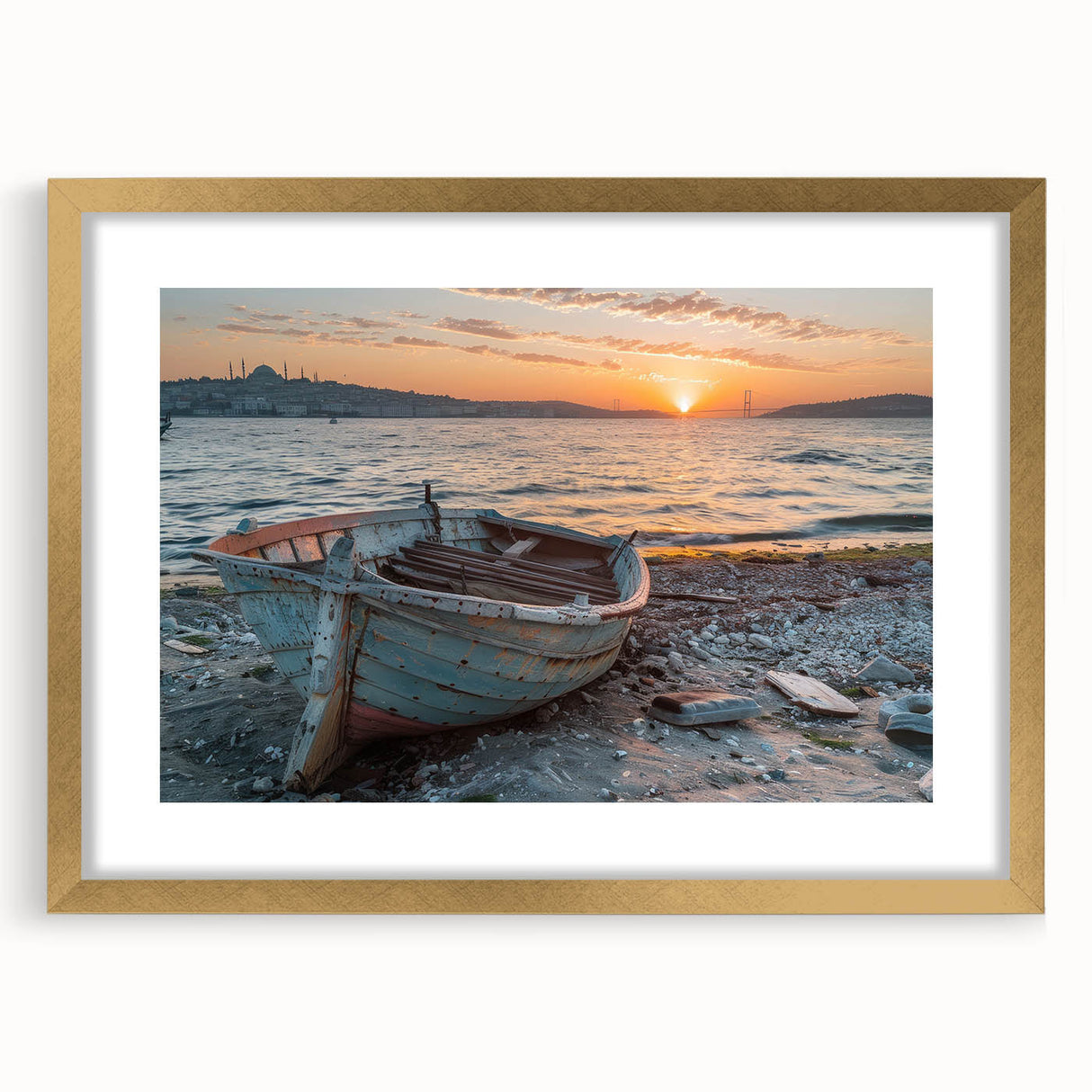 Abstract textured art print of a rowboat in muted gray, displayed in a gold frame, ideal for bedroom wall decor.