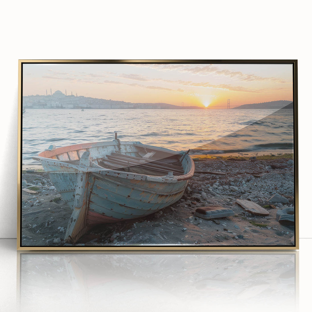 Mid-century modernist art of a rowboat in muted earth tones on a framed acrylic, ideal for nursery wall decor.
