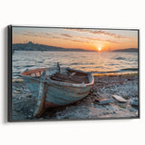 Black and white framed canvas featuring a vintage side-view image of a rowboat, ideal for bedroom wall decor.