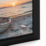 Close-up of a black framed canvas featuring a textured rowboat image in vibrant colors, ideal for living room decor.