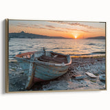 Framed canvas featuring a vintage-style landscape painting of a rowboat on a lake, in muted earth tones.