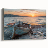Vintage poster art of a rowboat in vibrant colors on a silver-framed canvas, ideal for living room decor.