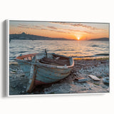 Framed canvas depicting a vintage rowboat in black and white, ideal for bedroom wall art.