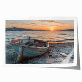 Rolled print of a rowboat on calm water in muted blue and gray tones, suitable for dining room or bathroom wall art.