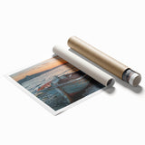 Extra large rolled print featuring a serene rowboat on calm waters, in soft gray and blue tones.