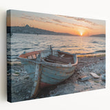 Side view of a rowboat on a lake, depicted in muted blue and gray tones on a large stretched canvas.