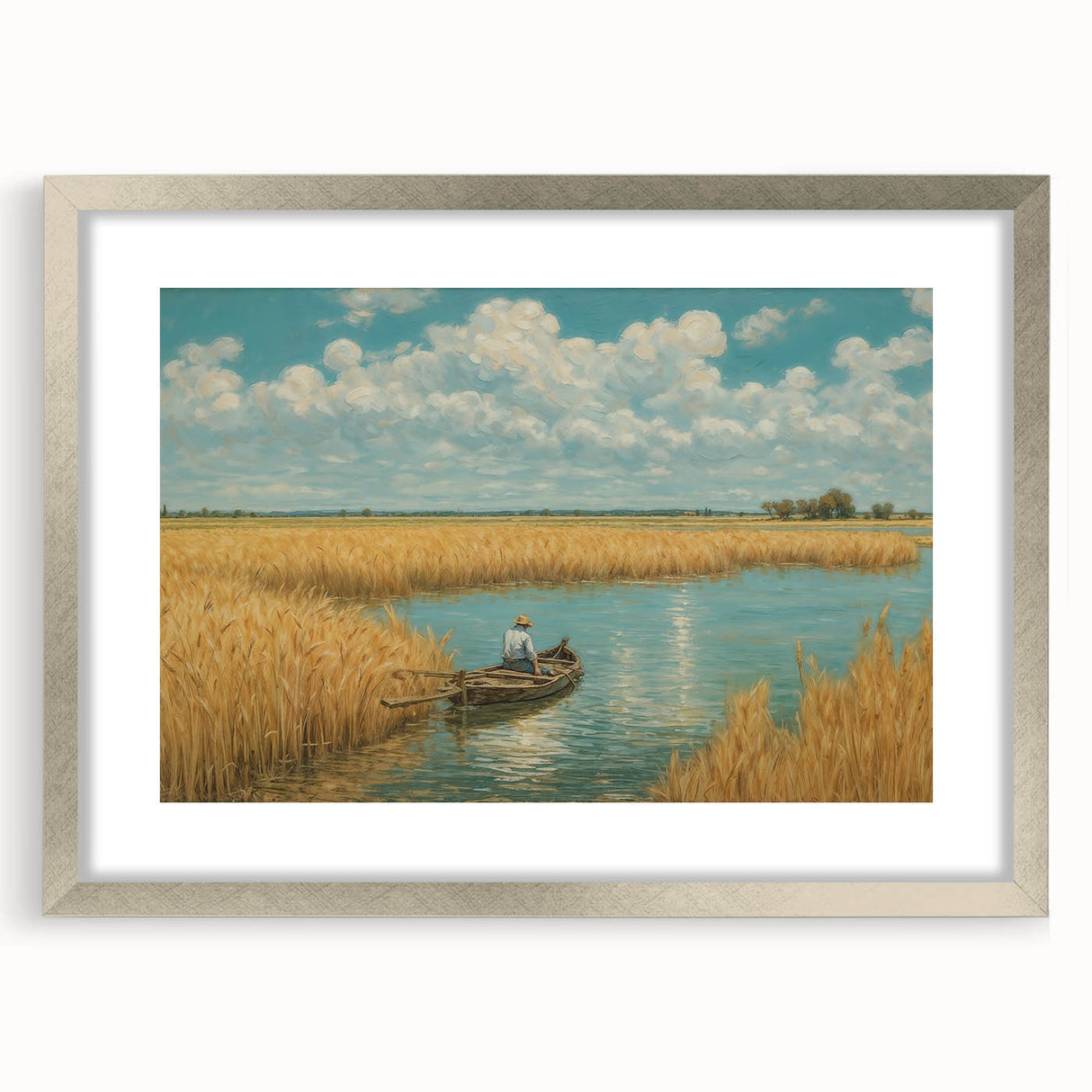 Abstract art print of a rowboat in muted blue and gray tones on a silver-framed canvas, suitable for dining room decor.