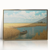 Mid-century modernist art of a rowboat in muted earth tones on a framed acrylic, ideal for nursery wall art.