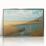 Art Deco style poster featuring a silver-framed acrylic print of a rowboat, in muted blue and gray tones.