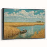 Black and white framed canvas featuring a vintage rowboat landscape, ideal for bedroom wall decor.