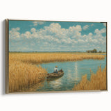 Vintage poster art of a colorful landscape with a black rowboat on a lake, framed canvas, ideal for living room decor.