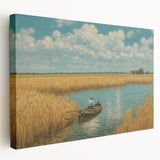 Side view of a rowboat on a muted blue and gray canvas, ideal for kitchen wall art.
