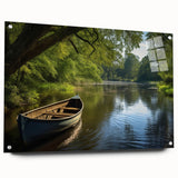 Side view of a rowboat, acrylic print in muted earth tones, suitable for dining room decor.