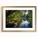 Textured abstract art print of a rowboat in muted earth tones on a gold-framed canvas, ideal for bedroom decor.