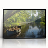 Large abstract wall art featuring a rowboat in muted blue and gray tones on a framed acrylic.