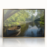 Mid-century modernist art featuring a rowboat in muted earth tones on a framed acrylic, ideal for nursery wall art.
