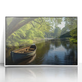 Mid-century modernist art featuring a rowboat, in muted earth tones on a white acrylic framed print.