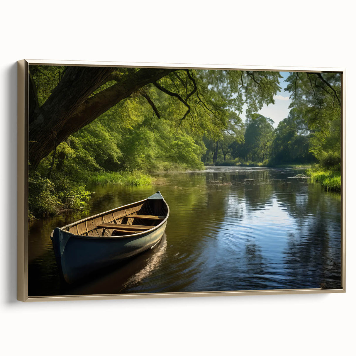 Framed canvas of a vintage rowboat landscape, featuring a black and colorful palette, ideal for living room decor.
