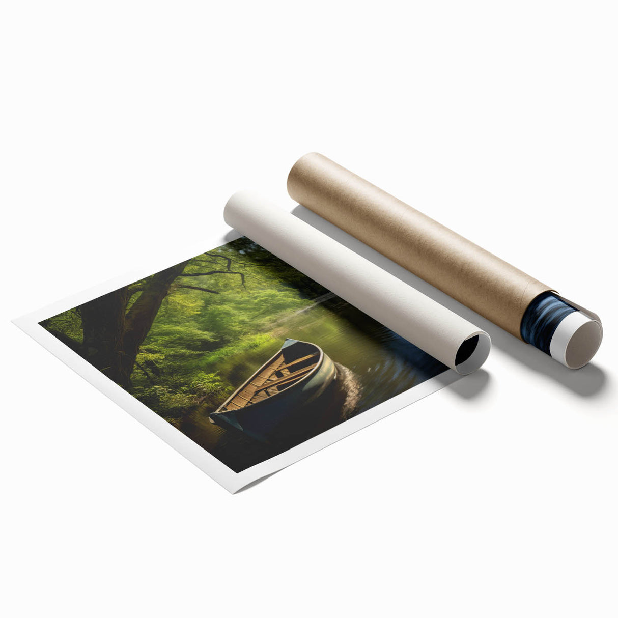 Extra large rolled print of a rowboat on calm waters, in soft blue and gray tones, ideal for classy bathroom wall art.
