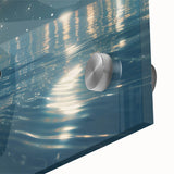 Close-up of a large abstract wall art featuring a rowboat, in muted blue and gray tones on acrylic glass.