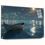 Side view of a rowboat depicted in muted earth tones on an acrylic glass print, suitable for dining room decor.