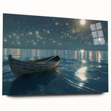 Acrylic print of a rowboat on calm water in muted blue and gray tones, ideal for bedroom or dining room decor.