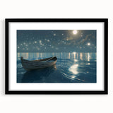 Abstract art print of a rowboat in vibrant colors on textured canvas, framed in black, suitable for large living room walls.