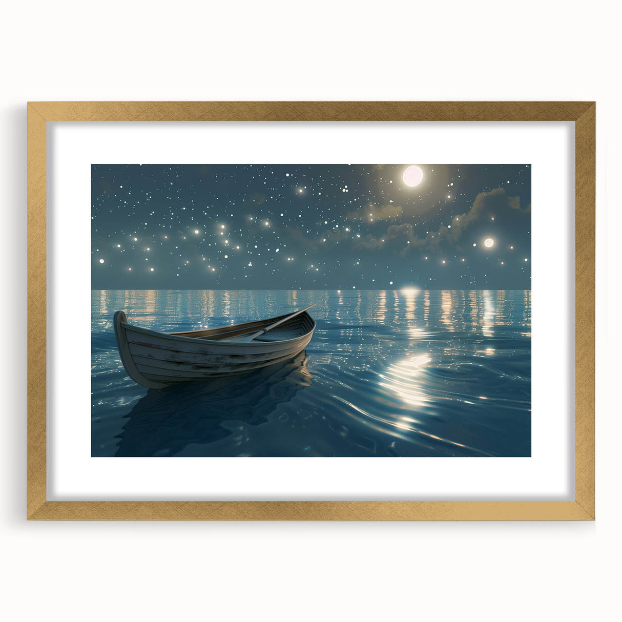 Textured art print of an abstract rowboat in muted blue and gray tones on a framed gold mat, suitable for bedroom decor.