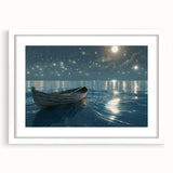 Abstract art print of a rowboat in textured blue and white tones on a large canvas, ideal for living room decor.