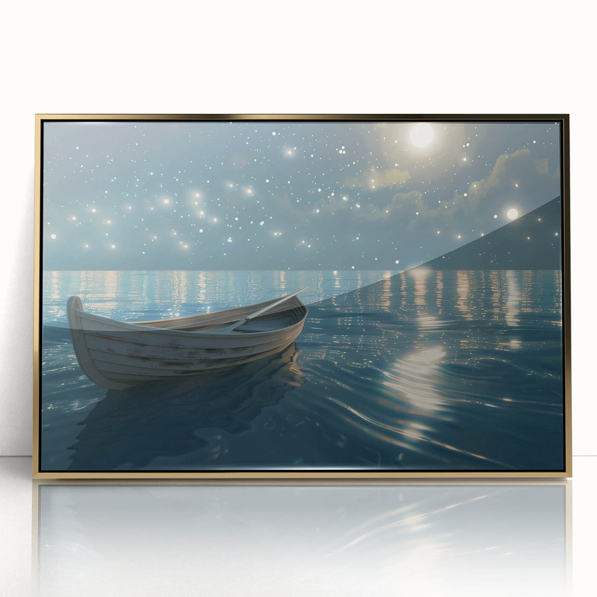 Mid-century modernist art deco poster featuring a rowboat in muted earth tones on framed acrylic, ideal for nursery wall art.