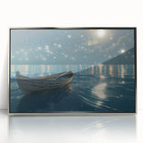 Art deco poster of a silver-framed acrylic print featuring a rowboat, ideal for modern art wall decor in a nursery.