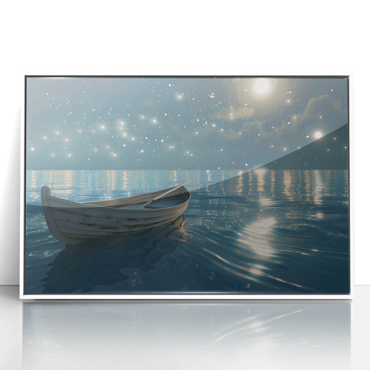 Mid-century modernist art of a rowboat on calm waters, in muted blue and gray tones, acrylic print framed in white.