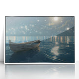 Mid-century modernist art of a rowboat on calm waters, in muted blue and gray tones, acrylic print framed in white.