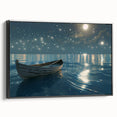 Black and white framed canvas featuring a vintage rowboat landscape, ideal for bedroom wall decor.